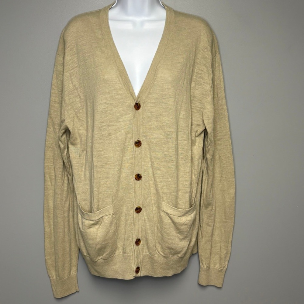 Tan Neutral Linen Blend Light Academia Lightweight Minimalist‎ Cardigan Sz L
